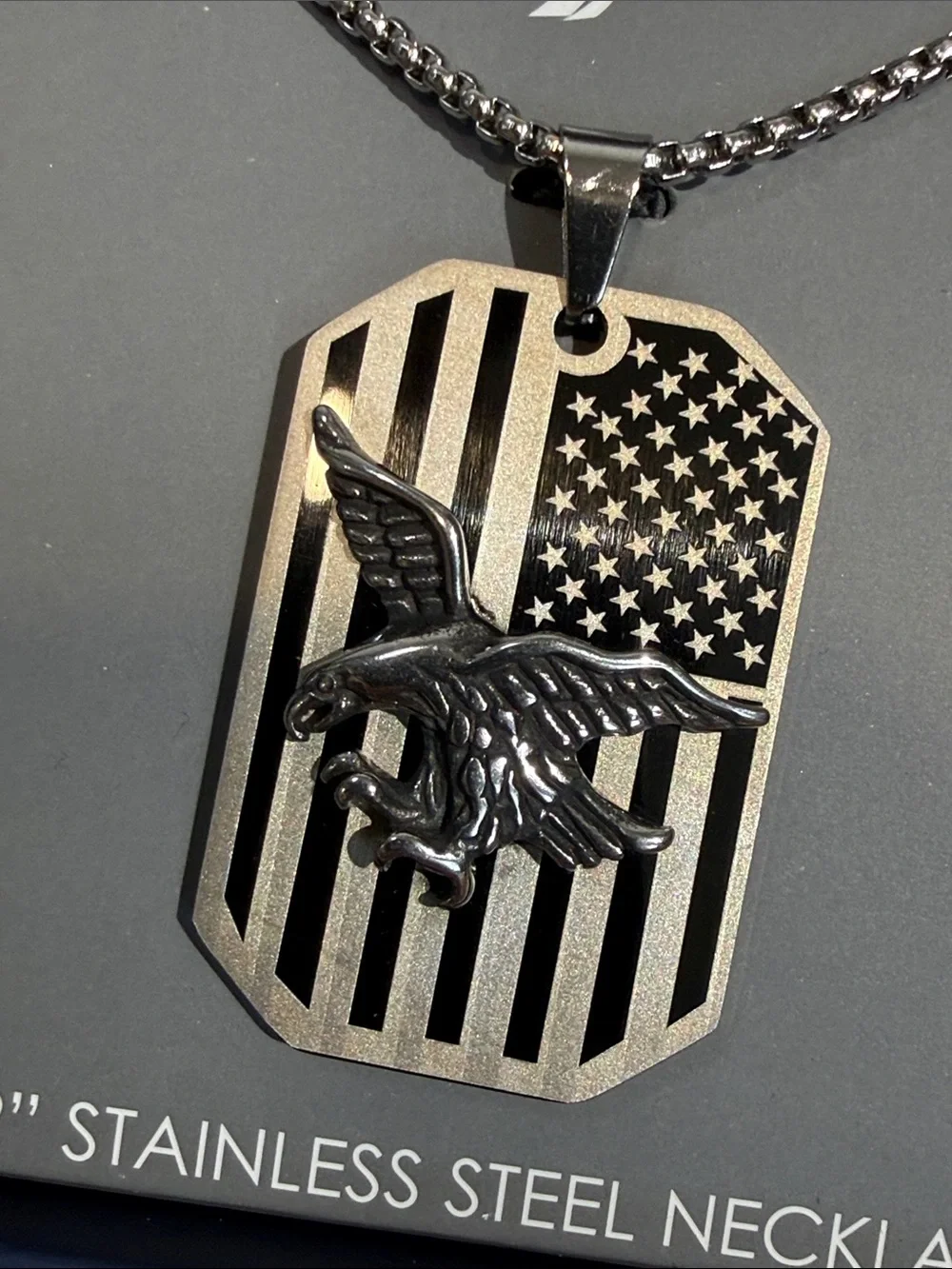 Nautica Silver tone Stainless Steel Eagle & American Flag Dog Tag Necklace